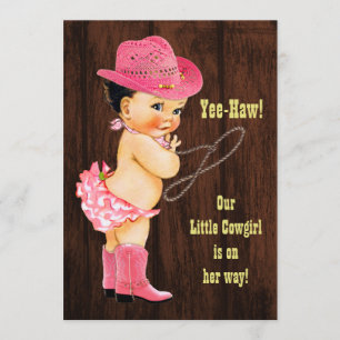Yee-Haw! Brunette Cowgirl Rustic Baby shower Kaart