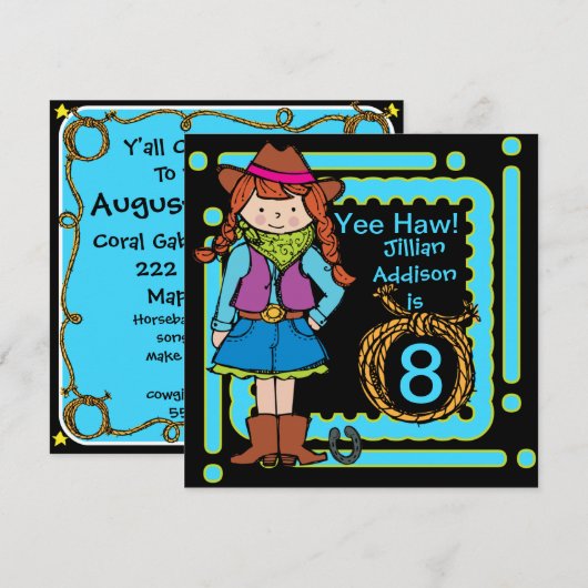 Yee Haw Cowgirl Gepersonaliseerd Birthday Invites Kaart (Voorkant / Achterkant)