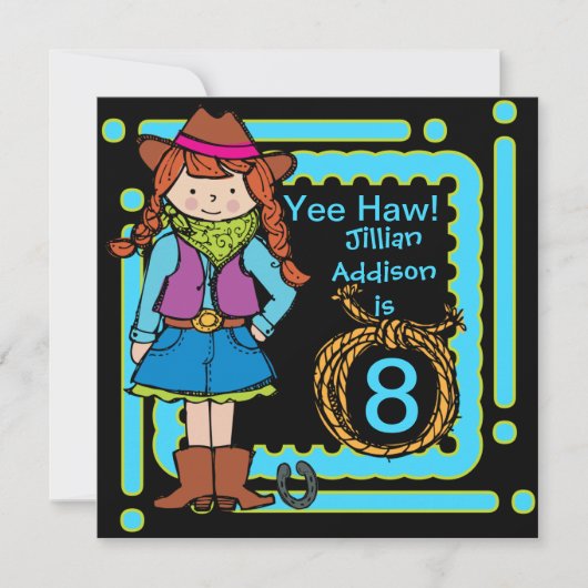 Yee Haw Cowgirl Gepersonaliseerd Birthday Invites Kaart (Voorkant)