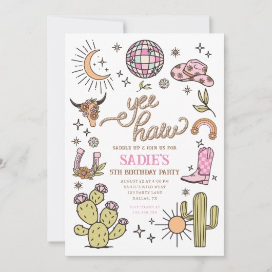 Yee Haw Girl Rodeo Retro Disco Cowgirl Verjaardag Kaart (Voorkant)