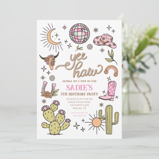 Yee Haw Girl Rodeo Retro Disco Cowgirl Verjaardag Kaart (Staand voorkant)