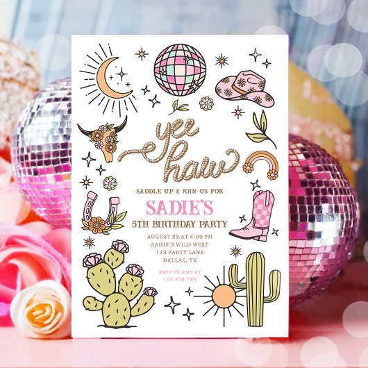 Yee Haw Girl Rodeo Retro Disco Cowgirl Verjaardag Kaart