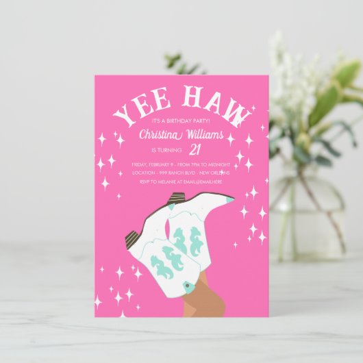 Yee Haw Modern Heet Roze Western Rodeo Verjaardag Kaart (Staand voorkant)