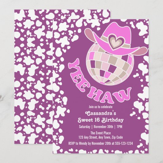 Yee Haw Paarse Disco Cowgirl Rodeo Verjaardag Kaart (Voorkant / Achterkant)