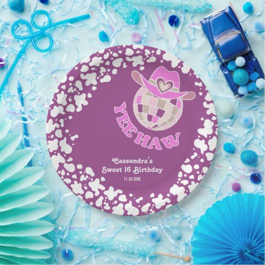 Yee Haw Paarse Disco Cowgirl Rodeo Verjaardag Papieren Bordje (Feest)