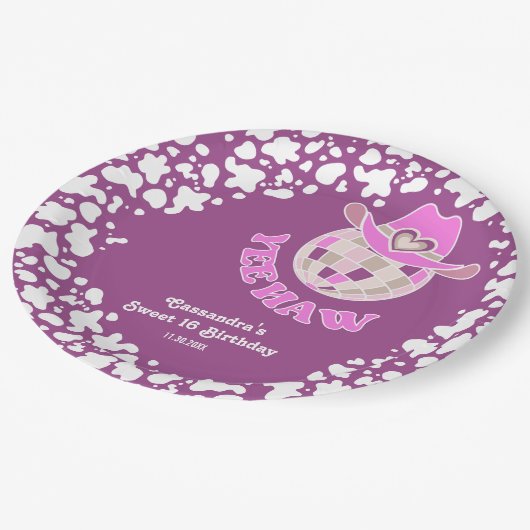 Yee Haw Paarse Disco Cowgirl Rodeo Verjaardag Papieren Bordje (Gekanteld)