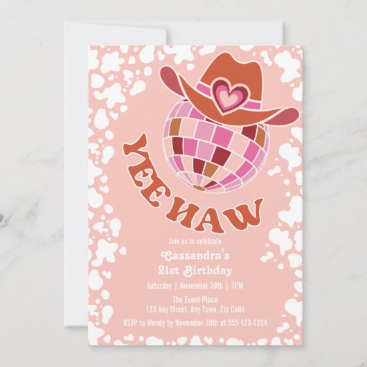 Yee Haw Peach Disco Cowgirl Rodeo Verjaardag Kaart (Voorkant)
