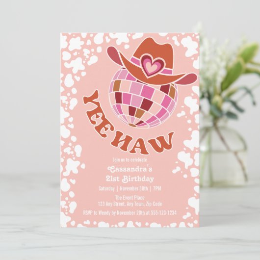 Yee Haw Peach Disco Cowgirl Rodeo Verjaardag Kaart (Staand voorkant)