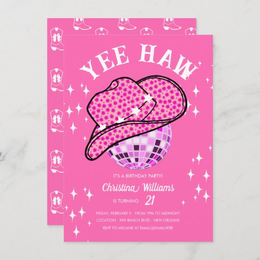 Yee Haw Pink Disco Cowboy Rodeo Verjaardag Kaart (Voorkant / Achterkant)