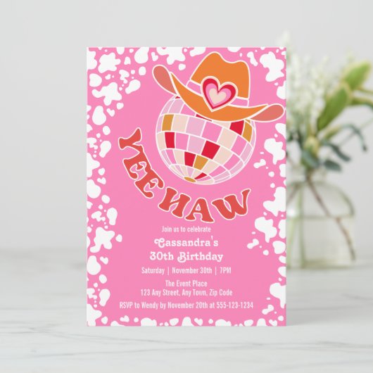 Yee Haw Pink Disco Cowgirl Rodeo Verjaardag Kaart (Staand voorkant)