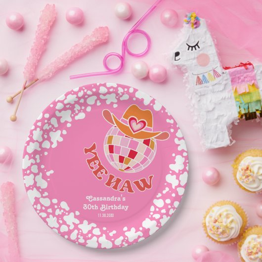 Yee Haw Pink Disco Cowgirl Rodeo Verjaardag Papieren Bordje (Feest)