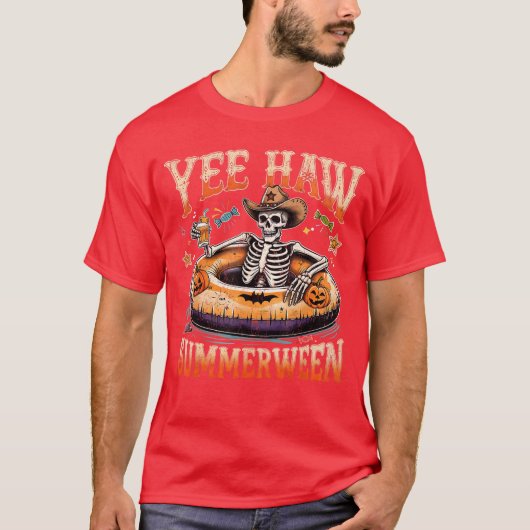 Yee Haw Summerween Cowboy Skelet Westerse Hallowee T-shirt (Voorkant)