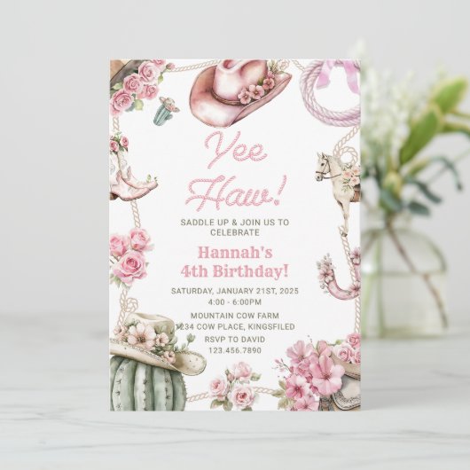 Yee Haw! Western Cowgirl Rodeo Birthday Party Kaart (Staand voorkant)