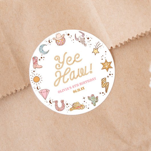 Yee Haw! Westerse Disco Cowgirl Verjaardagsfeestje Ronde Sticker