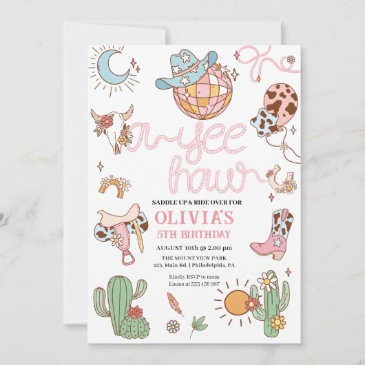 Yee How Girl Verjaardag Disco Rodeo Party Save The Date (Voorkant)