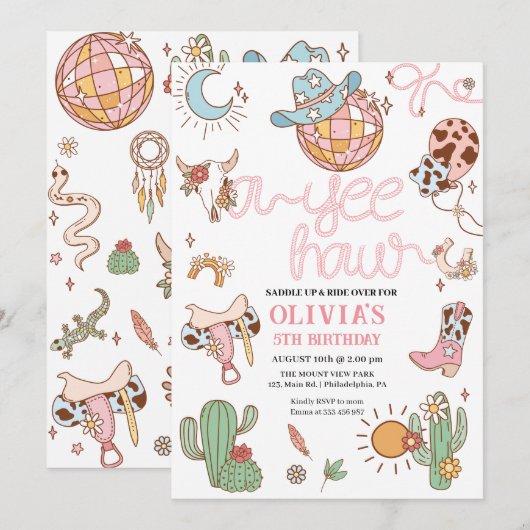 Yee How Girl Verjaardag Disco Rodeo Party Save The Date (Voorkant / Achterkant)