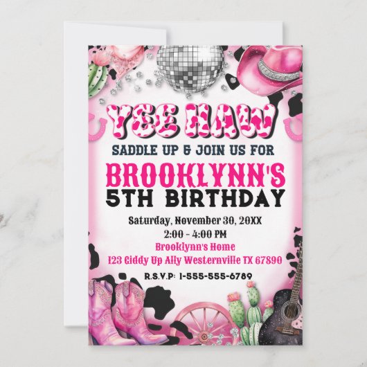 Yee Yaw Disco Cowgirl Verjaardagsfeestuitnodiging Kaart (Voorkant)