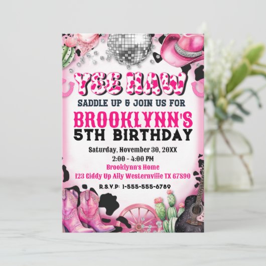 Yee Yaw Disco Cowgirl Verjaardagsfeestuitnodiging Kaart (Staand voorkant)