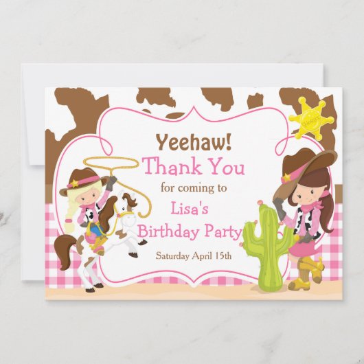 Yeehaw Cowgirl Westerne Birthday Party Bedankkaart (Voorkant)