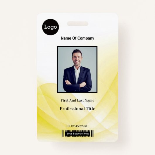 Yellow Abstract Wave Business Foto-ID Badge (Voorkant)