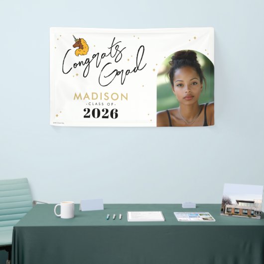 Yellow Afro Unicorn Afstuderen Spandoek (Beurs)