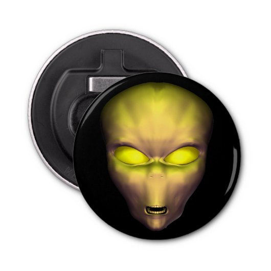 Yellow Alien Head Button Flesopener (Voorkant)