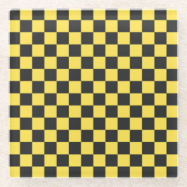 Yellow and black checkerboard pattern glazen onderzetter