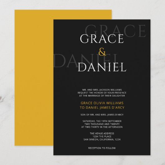 Yellow and Black Modern Shadow Name Wedding Kaart (Voorkant / Achterkant)