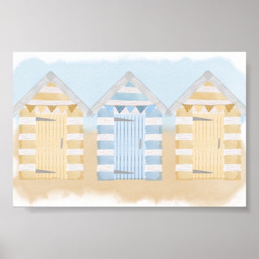 Yellow And Blue Beach Huts Ocean Watercolour Poster (Voorkant)