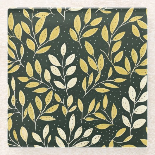 Yellow and Cream Leafy Branches Pattern  Glazen Onderzetter (Voorkant)