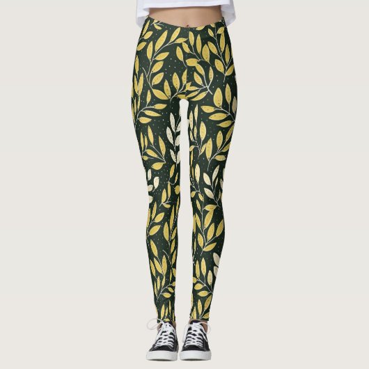 Yellow and Cream Leafy Branches Pattern  Leggings (Voorkant)