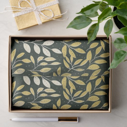 Yellow and Cream Leafy Branches Pattern Tissuepapier (Geschenk)