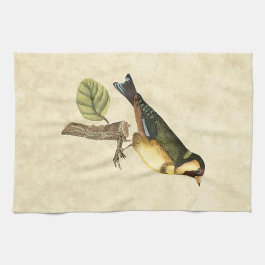 Yellow and Green Bird Perched on a Little Branch Theedoek (Horizontaal)