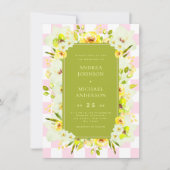 Yellow and Green Floral Checkered Wedding Invite Kaart (Voorkant)