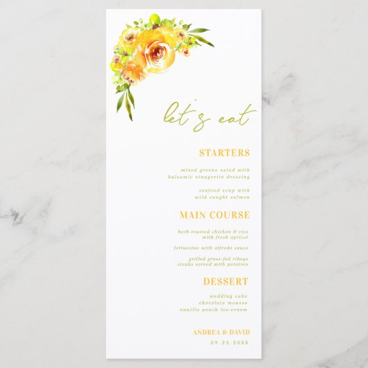 Yellow and Green Summer Floral Let's Eat Wedding Menu (Voorkant)
