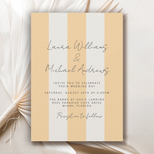 Yellow and Off-White Cabana Stripes Wedding Kaart