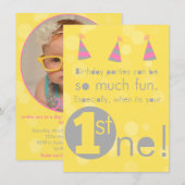 Yellow and Pink 1st girl's verjaardagsuitnodiging Kaart (Voorkant / Achterkant)