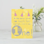 Yellow and Pink 1st girl's verjaardagsuitnodiging Kaart (Staand voorkant)