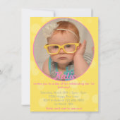 Yellow and Pink 1st girl's verjaardagsuitnodiging Kaart (Achterkant)