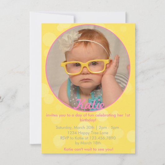 Yellow and Pink 1st girl's verjaardagsuitnodiging Kaart (Achterkant)