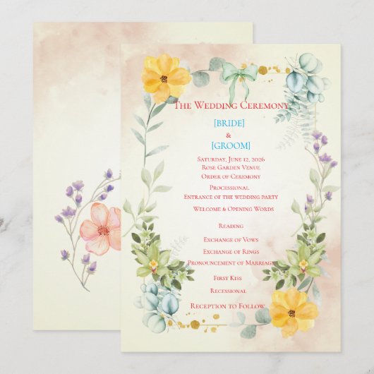 Yellow and Pink Floral Wedding Program Programmakaart (Voorkant / Achterkant)