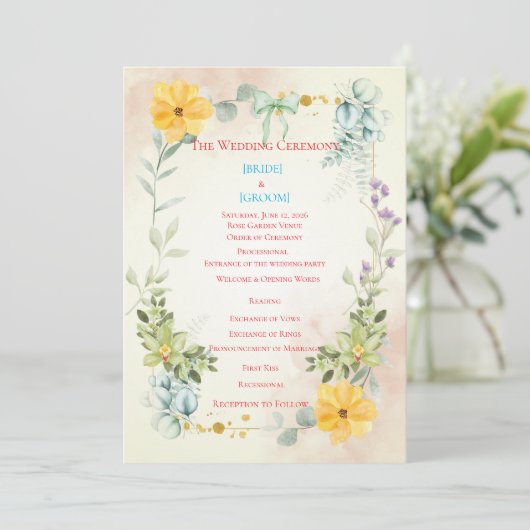 Yellow and Pink Floral Wedding Program Programmakaart (Staand voorkant)
