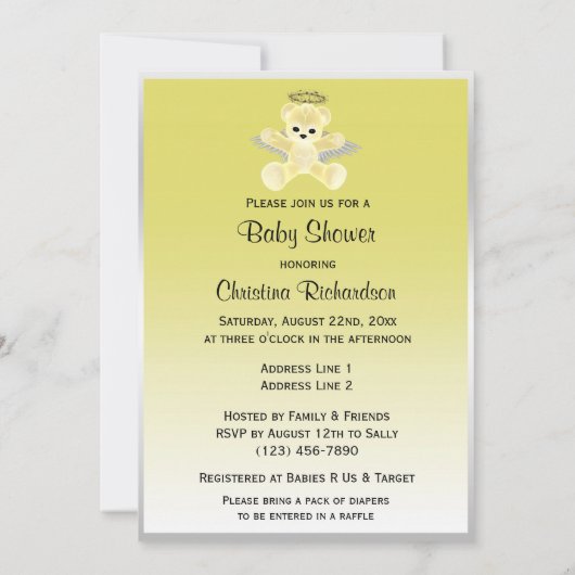 Yellow Angel Teddy Bear Baby shower Kaart (Achterkant)