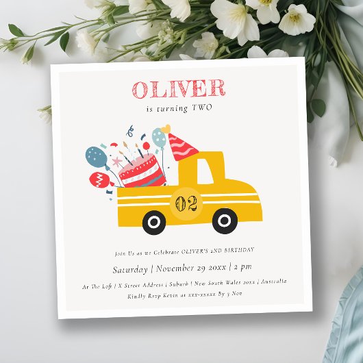 Yellow Any Age Birthday Party Cake Truck Invite Bedankkaart