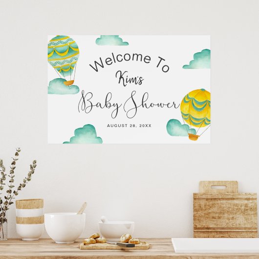 Yellow Aqua Hot Air Balloons Baby shower Welkom Poster (Keuken)