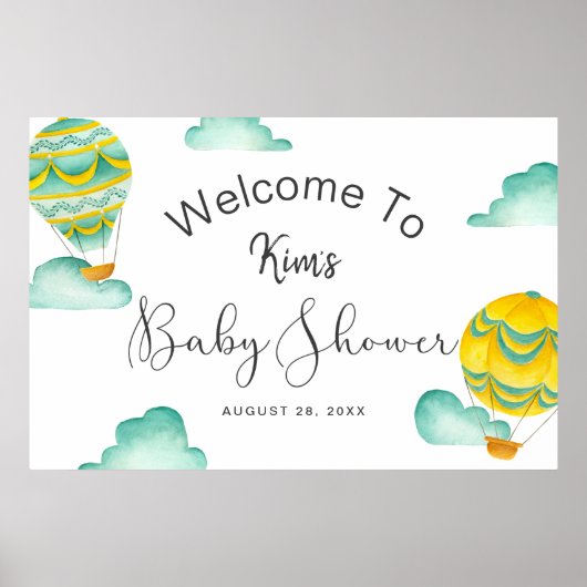 Yellow Aqua Hot Air Balloons Baby shower Welkom Poster (Voorkant)