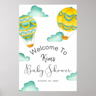 Yellow Aqua Hot Air Balloons Baby shower Welkom Poster