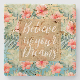 Yellow Aqua Pink Peach Hibiscus Floral Gold Dream Stenen Onderzetter