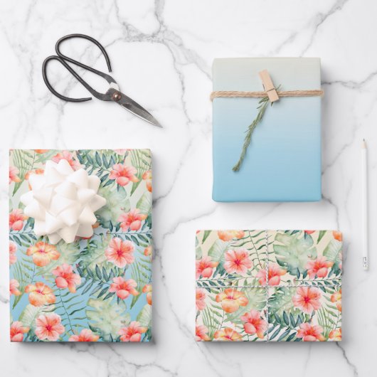 Yellow Aqua Pink Peach Hibiscus Floral Inpakpapier Vel (Voorkant)