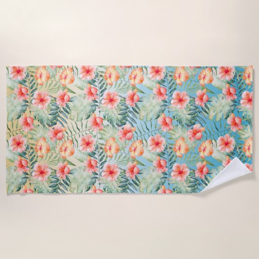 Yellow Aqua Pink Peach Hibiscus Floral Strandlaken (Voorkant)